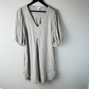 Cynthia Rowley Dress Linen Blend Beige Dress XL Pockets Puff Sleeve Minimalist